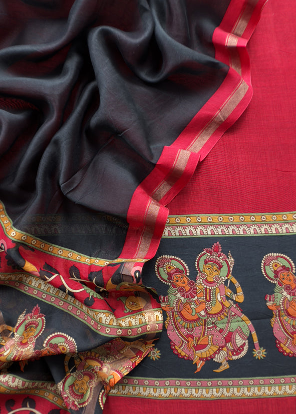 Red Pure Maheshwari Silk Natraj Kalamkari Unstitched Suit Fabric
