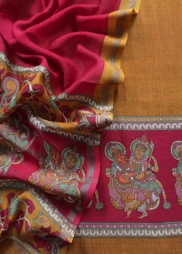 Maize Yellow Pure Maheshwari Silk Natraj Kalamkari Unstitched Suit Fabric