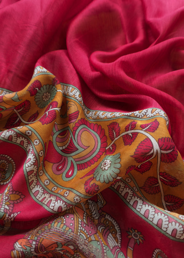 Maize Yellow Pure Maheshwari Silk Natraj Kalamkari Unstitched Suit Fabric