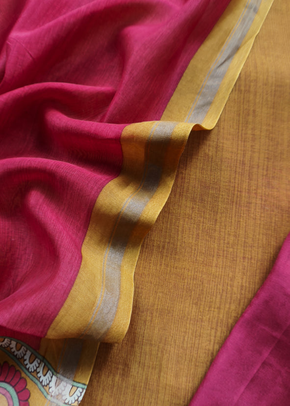 Maize Yellow Pure Maheshwari Silk Natraj Kalamkari Unstitched Suit Fabric