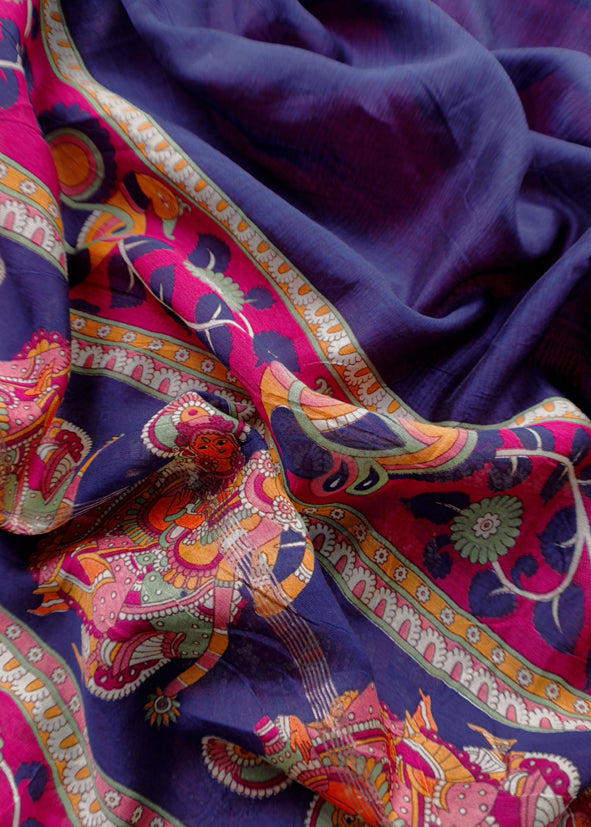 Burgundy Wine Pure Maheshwari Silk Natraj Kalamkari Unstitched Suit Fabric