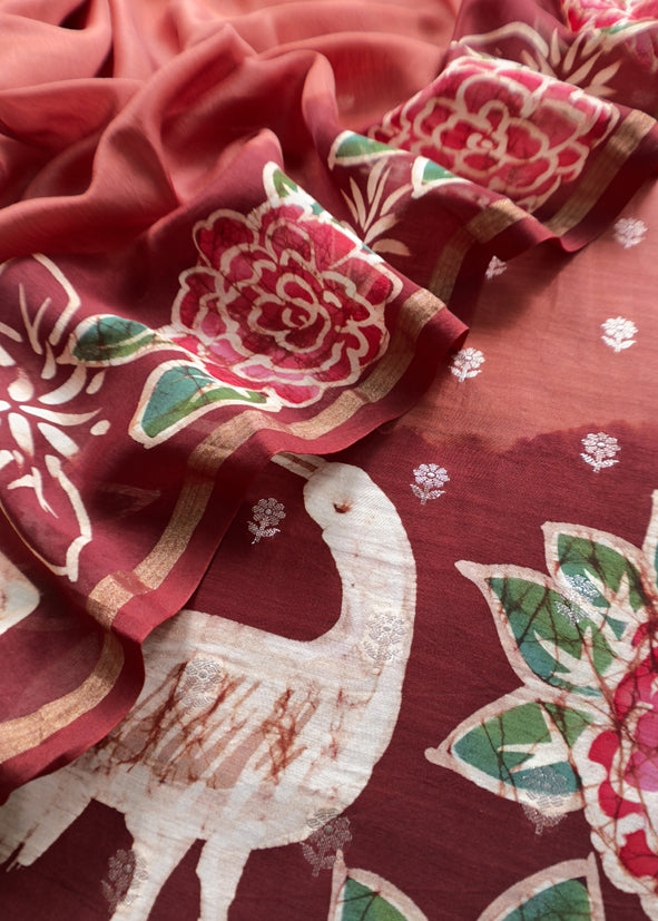 Brown Handpainted Hans and flowers Maheshwari Silk Suit With Banarasi Bootis