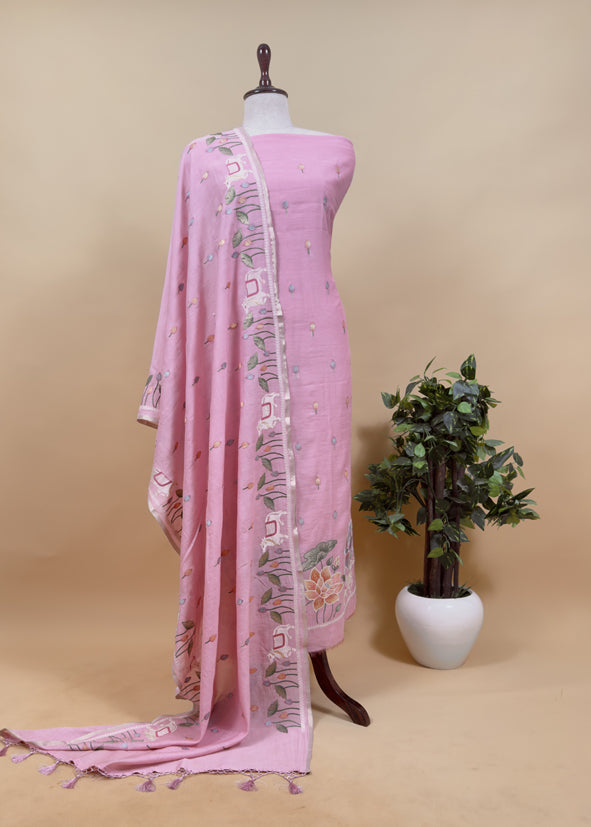 Sage Green Pure Mul Pichwai Unstitched Suit With Pichwai Embroidery