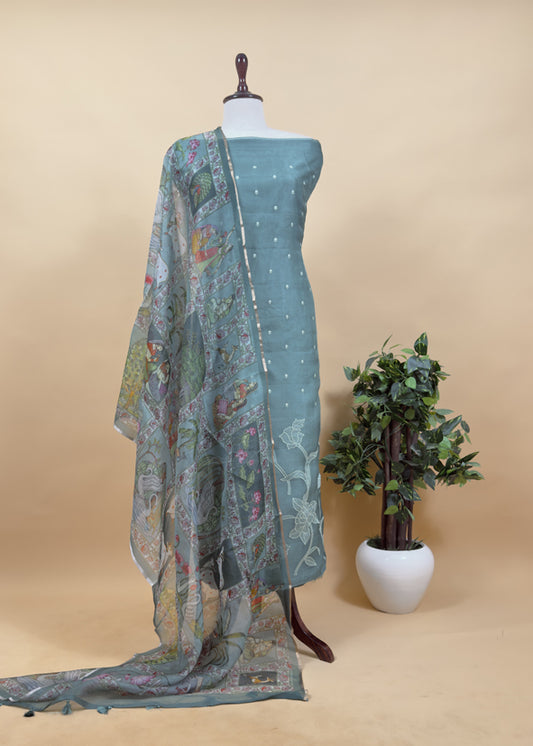 Pine Green Pure Organza Suit With Rose Tissue Appliqué Work And Pichwai Dupatta