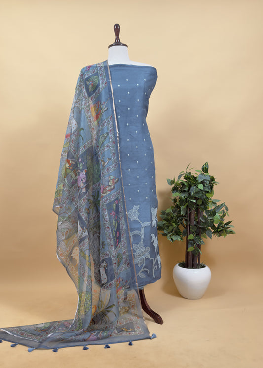 Royal Blue Pure Organza Suit with Rose Tissue Appliqué Work and Pichwai dupatta