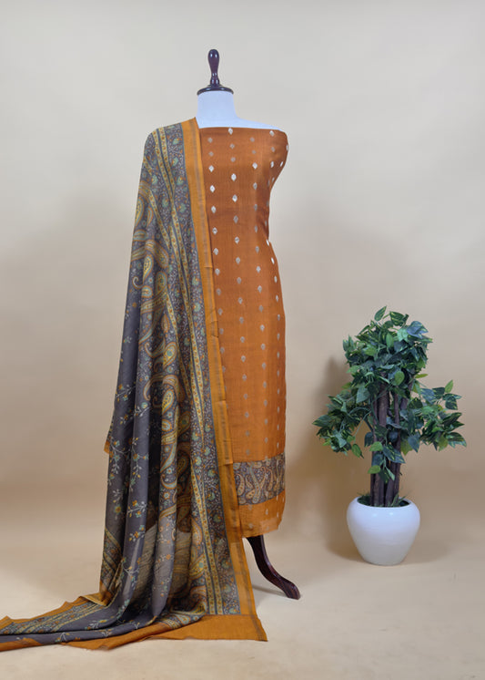 Mustard And Brown Maheshwari Silk Suit With Banarasi Bootis