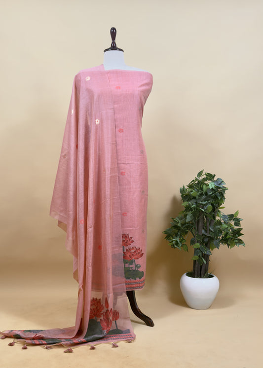Orchid Pink Lotus Pichwai Jamdani Weaving Linen Chanderi Unstitched Suit