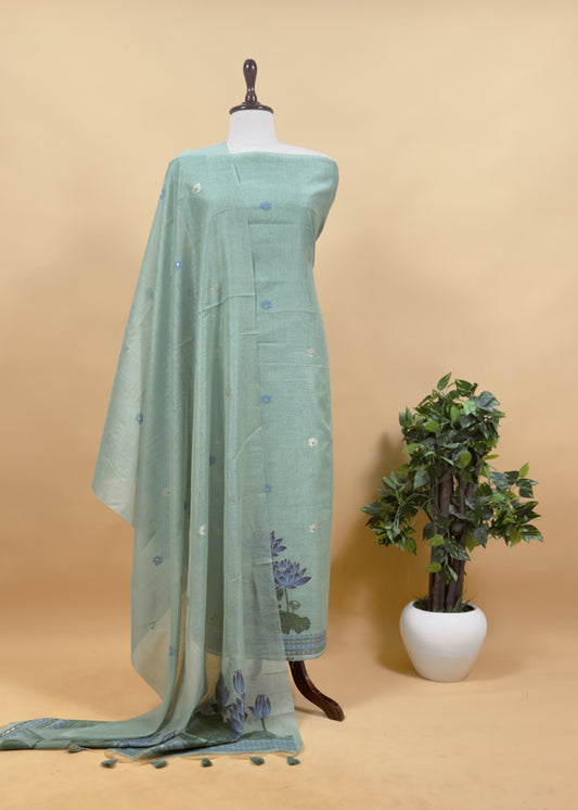 Sky Blue Lotus Pichwai Jamdani Weaving Linen Chanderi Unstitched Suit