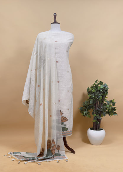 Orchid Pink Lotus Pichwai Jamdani Weaving Linen Chanderi Unstitched Suit