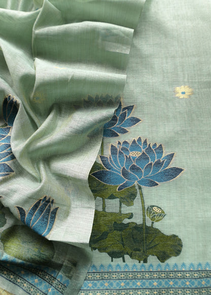 Sky Blue Lotus Pichwai Jamdani Weaving Linen Chanderi Unstitched Suit