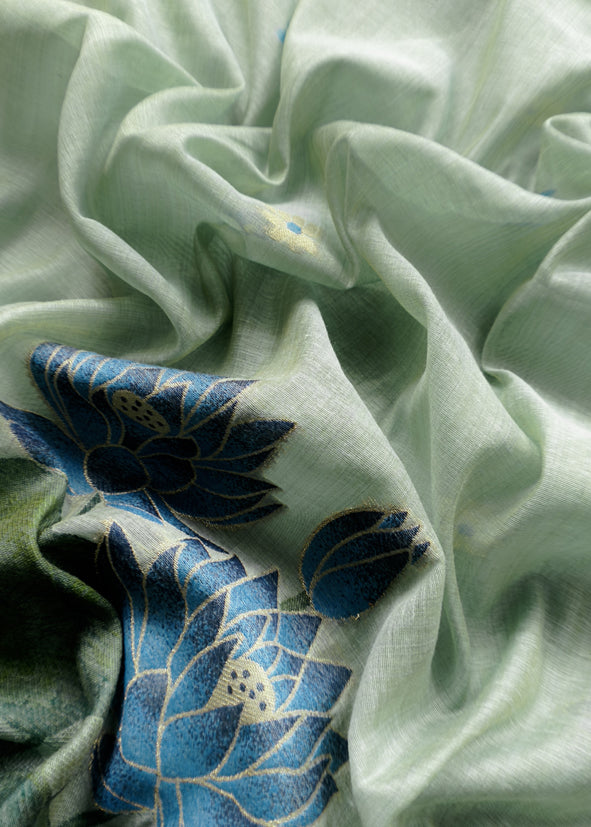 Sky Blue Lotus Pichwai Jamdani Weaving Linen Chanderi Unstitched Suit