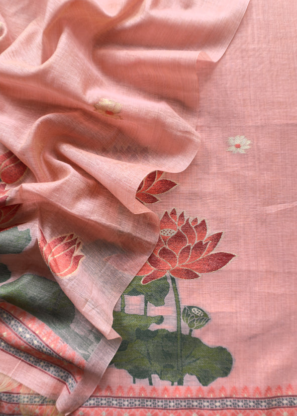 Orchid Pink Lotus Pichwai Jamdani Weaving Linen Chanderi Unstitched Suit