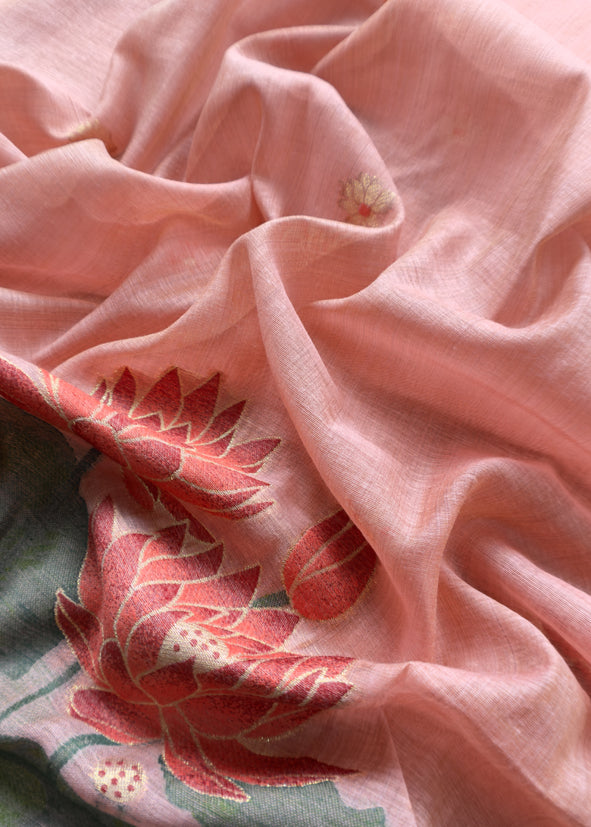 Orchid Pink Lotus Pichwai Jamdani Weaving Linen Chanderi Unstitched Suit