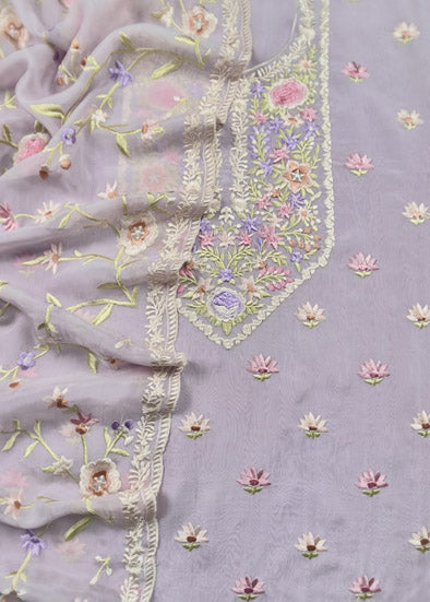 Pastel Purple Parsi Embroidered Unstitched Suit In Organza
