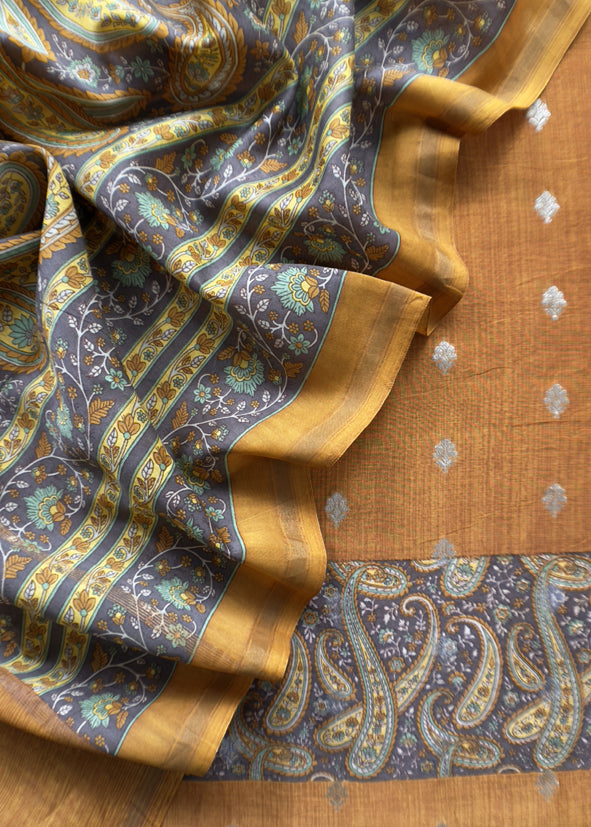 Mustard And Brown Maheshwari Silk Suit With Banarasi Bootis