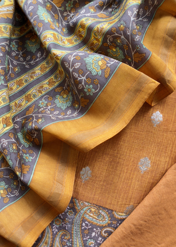 Mustard And Brown Maheshwari Silk Suit With Banarasi Bootis