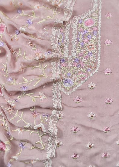 Pastel Pink Parsi Embroidered Unstitched Suit In Organza