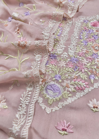 Pastel Pink Parsi Embroidered Unstitched Suit In Organza