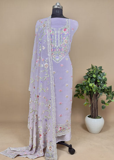 Pastel Pink Parsi Embroidered Unstitched Suit In Organza