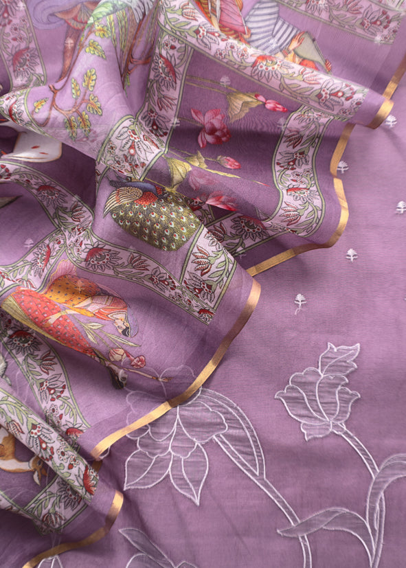 Iris Purple Pure Organza Suit With Rose Tissue Appliqué Work And Pichwai Dupatta