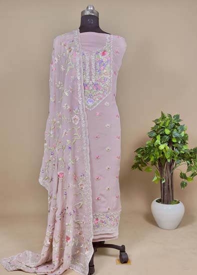 Pastel Pink Parsi Embroidered Unstitched Suit In Organza