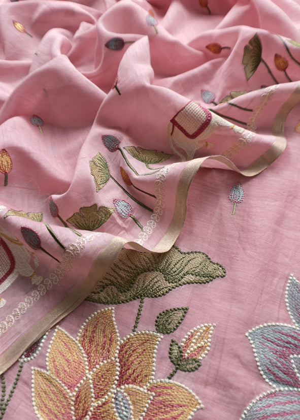 Pink Pure Mul Pichwai Unstitched Suit With Pichwai Embroidery