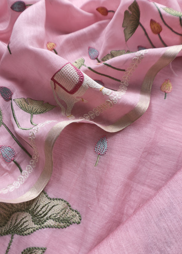 Pink Pure Mul Pichwai Unstitched Suit With Pichwai Embroidery