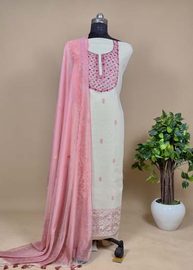 Pink Linen Unstitched Suit With Jamdani Weaves