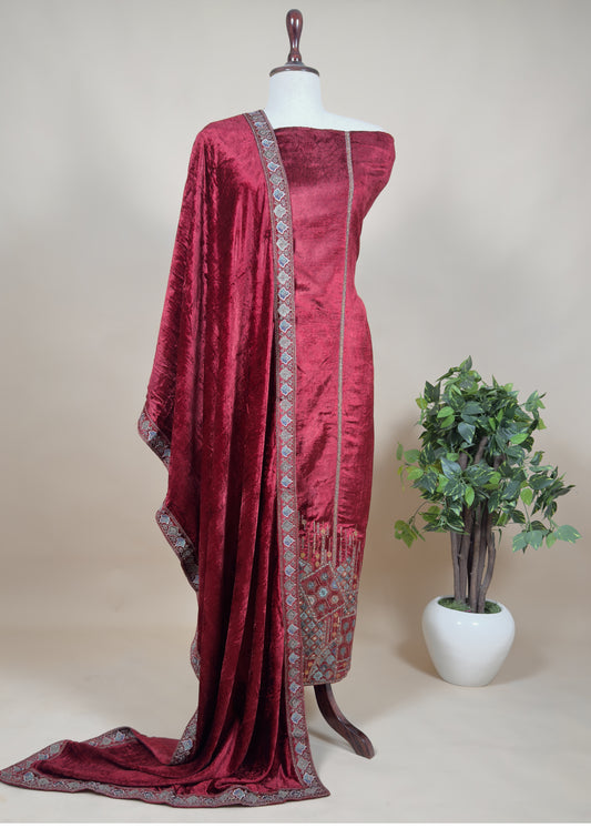 Maroon Embroidered Velvet Suit Set