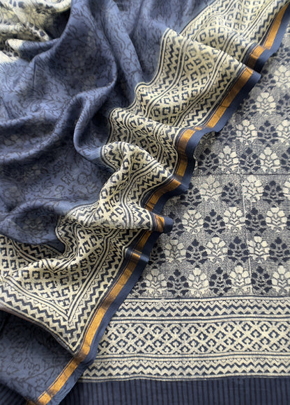 Indigo Block Print Pure Maheshwari Silk Unstitched Suit Fabric