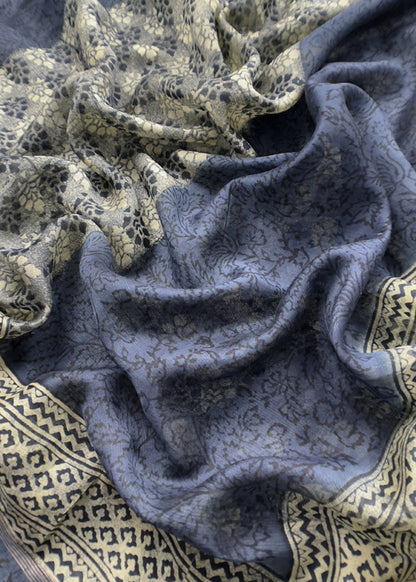 Indigo Block Print Pure Maheshwari Silk Unstitched Suit Fabric
