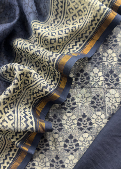 Indigo Block Print Pure Maheshwari Silk Unstitched Suit Fabric