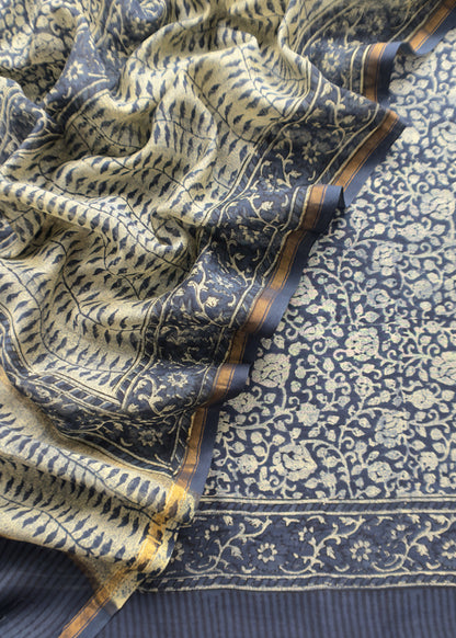 Indigo Paisley Block Print Pure Maheshwari Silk Unstitched Suit Fabric