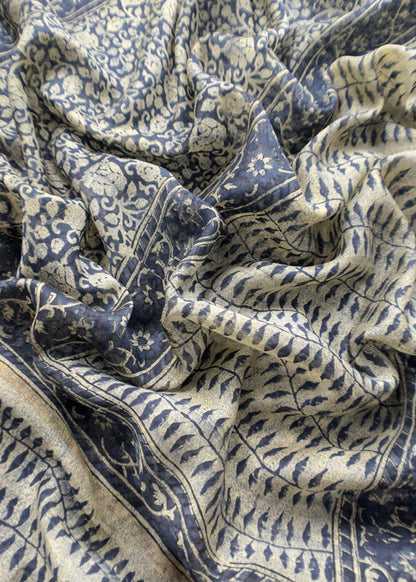 Indigo Paisley Block Print Pure Maheshwari Silk Unstitched Suit Fabric