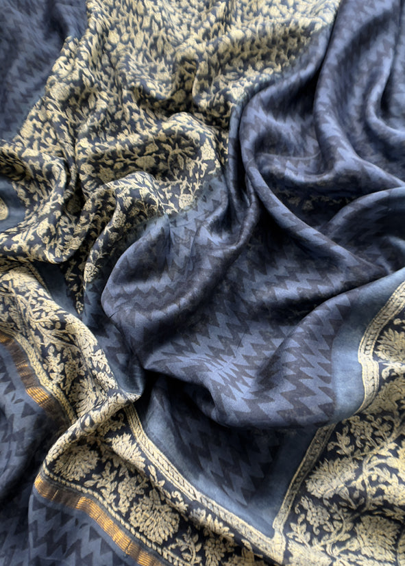 Indigo Paisley Block Print Pure Maheshwari Silk Unstitched Suit Fabric
