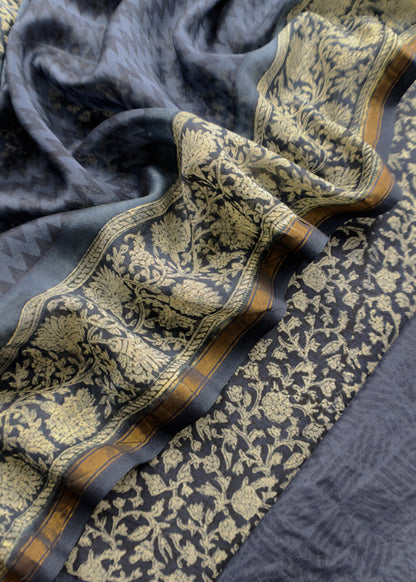 Indigo Paisley Block Print Pure Maheshwari Silk Unstitched Suit Fabric