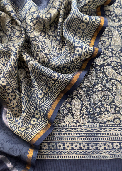 Indigo Paisley Block Print Pure Maheshwari Silk Unstitched Suit Fabric
