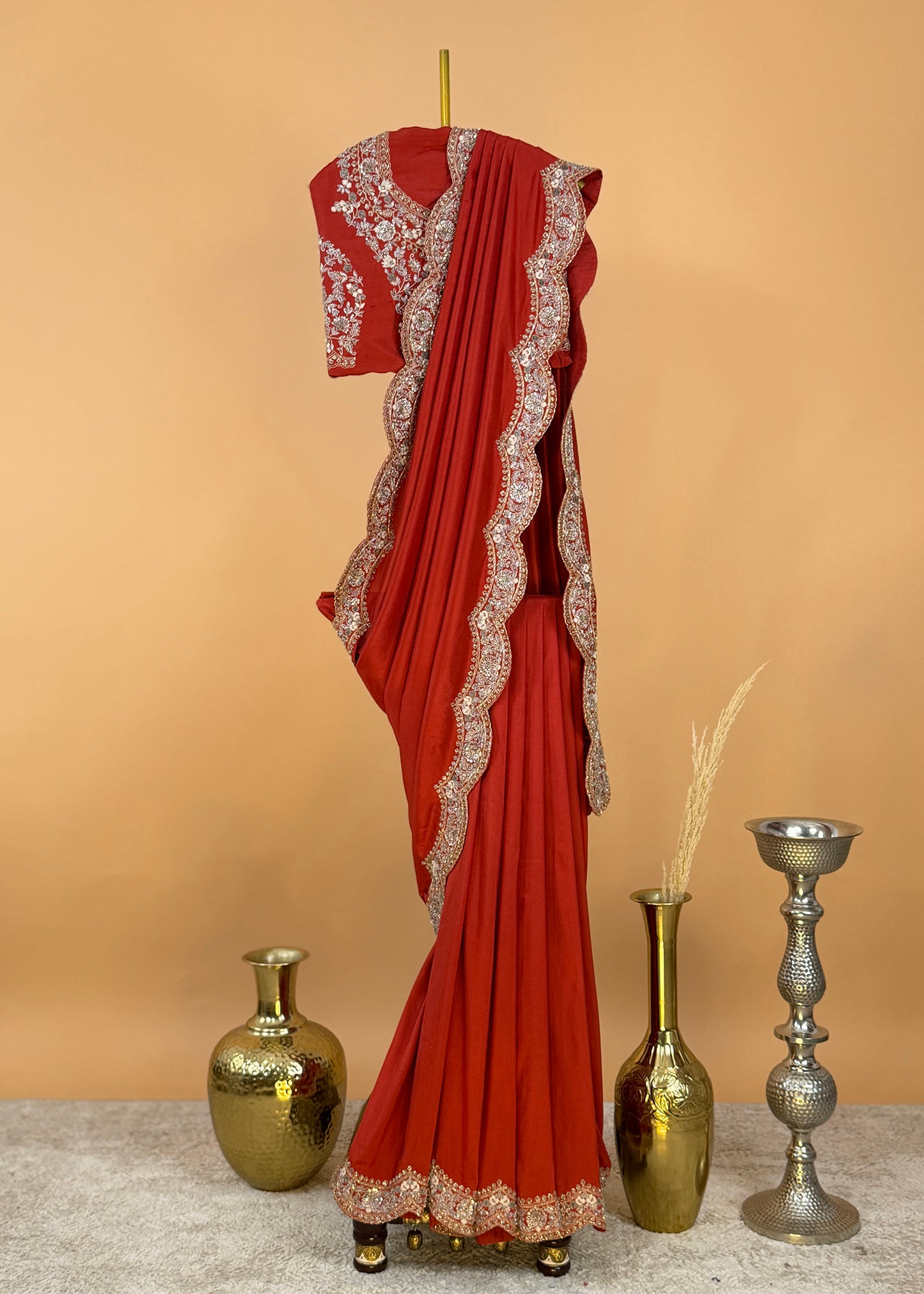 Reddish Brown Handloom Dupion Silk Saree With Zardosi Handwork