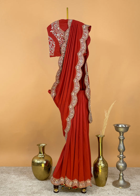 Reddish Brown Handloom Dupion Silk Saree With Zardosi Handwork