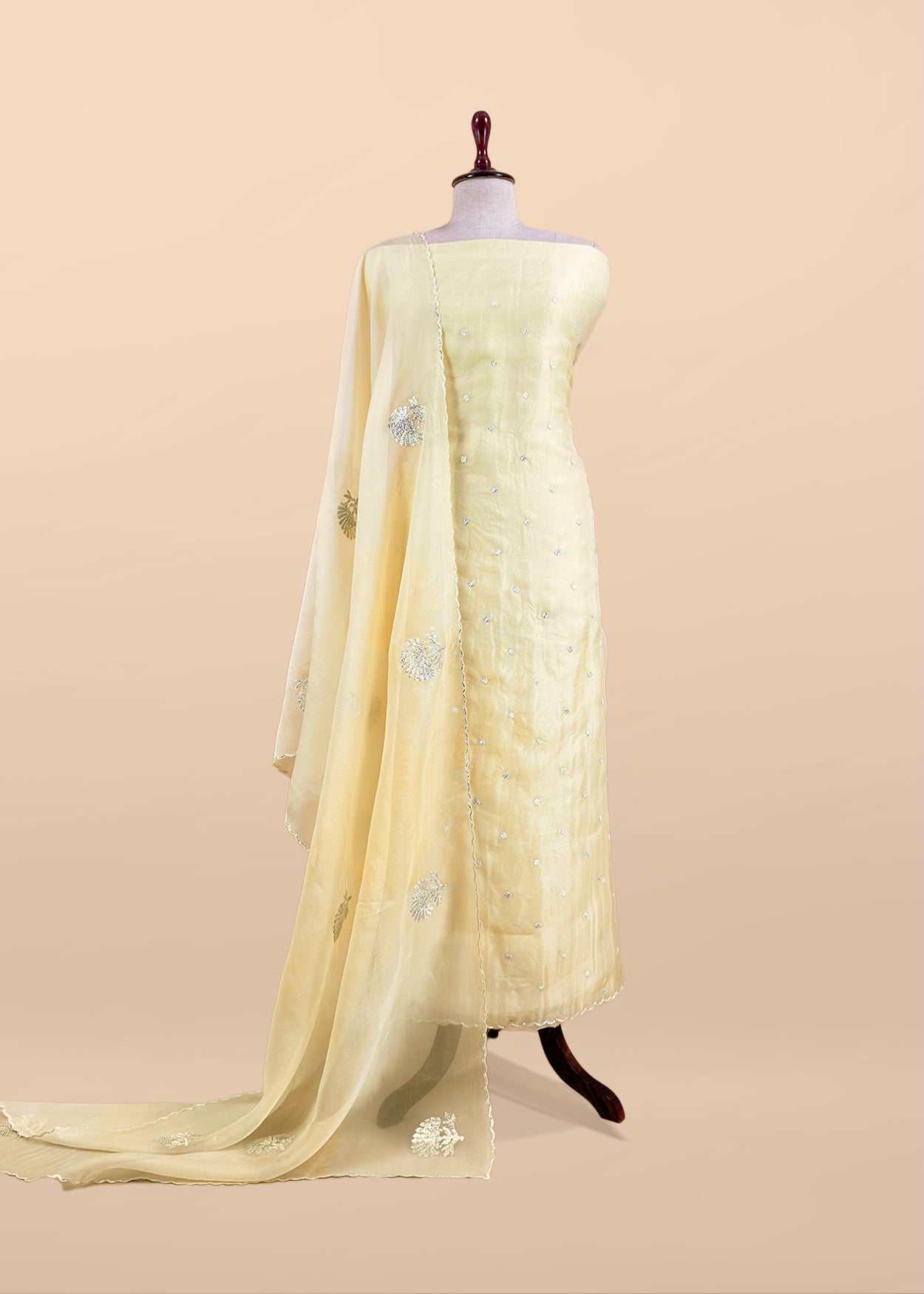 Butter Yellow Handloom Organza Silk Unstitched Suit With Gota Handwork