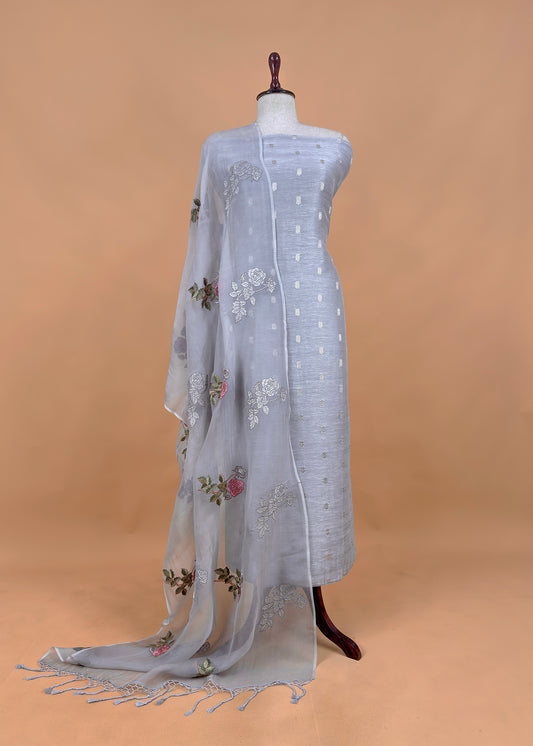 Silver Grey Banarasi Linen Unstitched Suit With Organza Dupatta