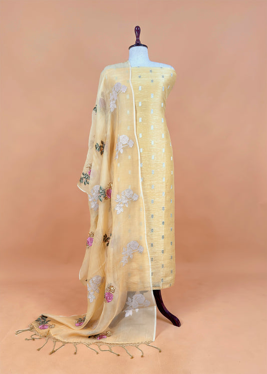 Pastel Yellow Banarasi Linen Unstitched Suit With Organza Dupatta