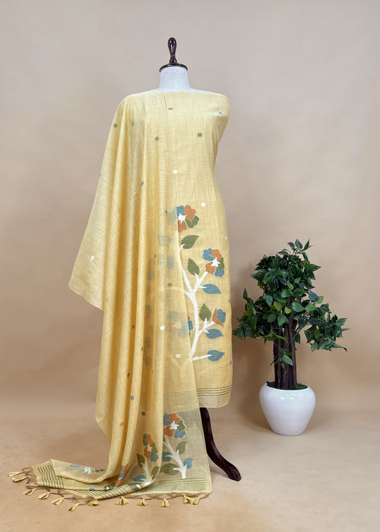 Yellow Floral Jamdani Weaved Unstitched Suit In Chanderi