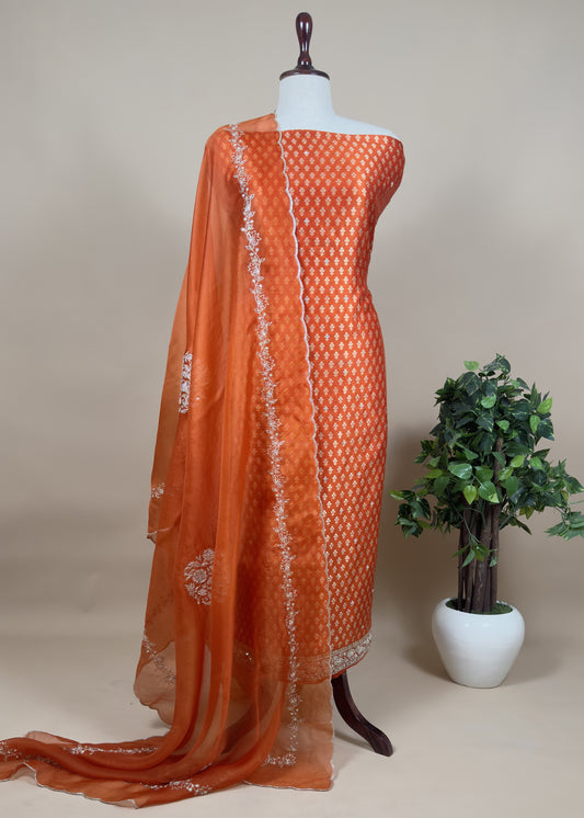 Orange Pure Unstitched Silk Suit With Handwork Organza Dupatta