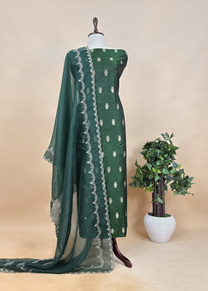 Green Handloom Silk Kurta And Kora Silk Dupatta With Weaving