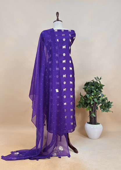 Royal Blue Pure Unstitched Chiniya Silk Suit In Pichwai Zari Weaving