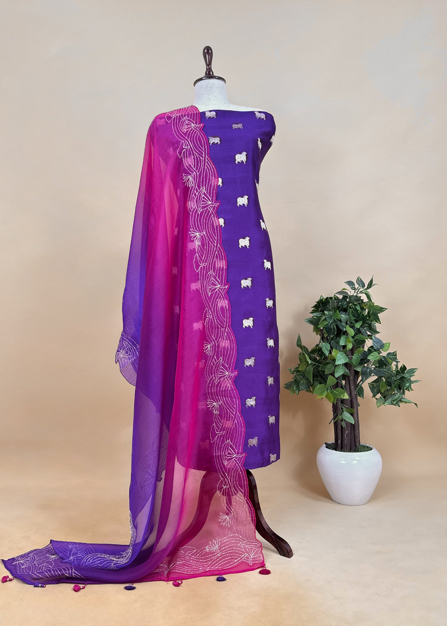 Rani Pink Pure Chiniya silk Kurta and Ombré Kora Silk Dupatta with Handwork