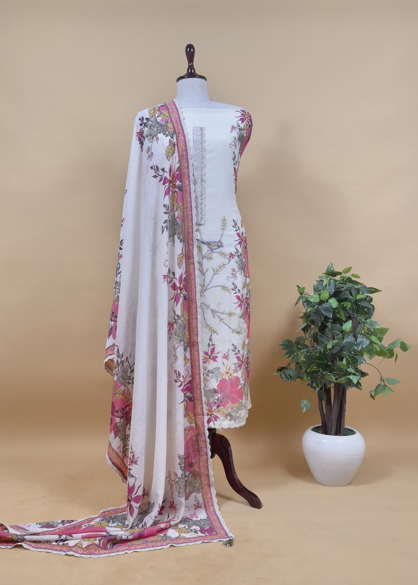 Pink Floral Digital Print Pure Mul Summers Suit With Chidiya Embroidery