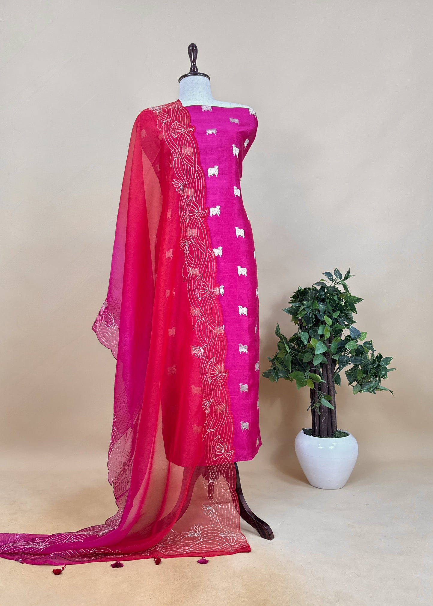Rani Pink Pure Chiniya silk Kurta and Ombré Kora Silk Dupatta with Handwork