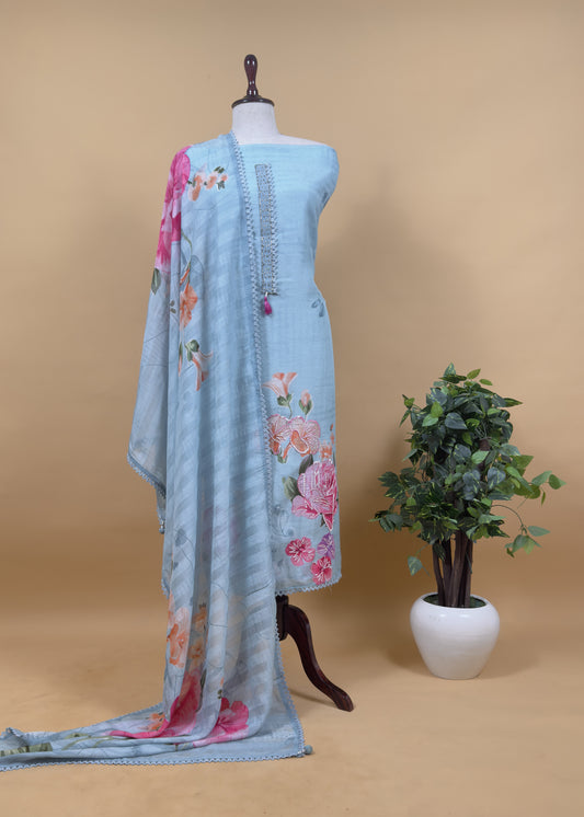 Blue Pure Cotton Suit With Thread Embroidered Flowers